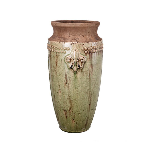 Ceramic Bronzed Decorative Vase With Embossed Design, Green and Brown-Vases-Green and Brown-Ceramic-JadeMoghul Inc.