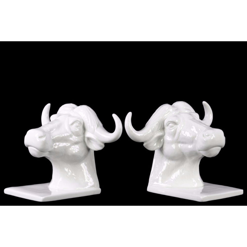 Ceramic Cape Buffalo Head Bookend Assortment of 2 - White - Benzara-Bookends-White-Ceramic-JadeMoghul Inc.