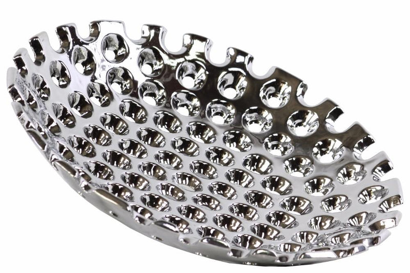 Ceramic Concave Tray With Perforated Pattern, Large, Chrome Silver-Trays-Silver-Ceramic-Glossy Chrome-JadeMoghul Inc.