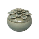 Ceramic Covered Jar with Embossed Flower Design On The Top Of Lid, Large, Green and Beige