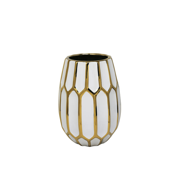 Ceramic Curved Vase with Geometric Bud Design, White and Gold-Vases-White and Gold-Ceramic-JadeMoghul Inc.