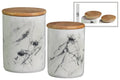 Ceramic Cylindrical Canister With Bamboo Lid, Set of Two, Marbleized White-CANISTER SETS-White-Ceramic Wood-Marbleized Finish-JadeMoghul Inc.
