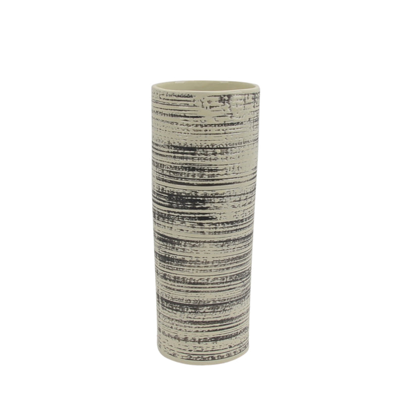 Ceramic Cylindrical Vase with Wire Brush Texture, Black and White-Vases-Black and white-Ceramic-JadeMoghul Inc.