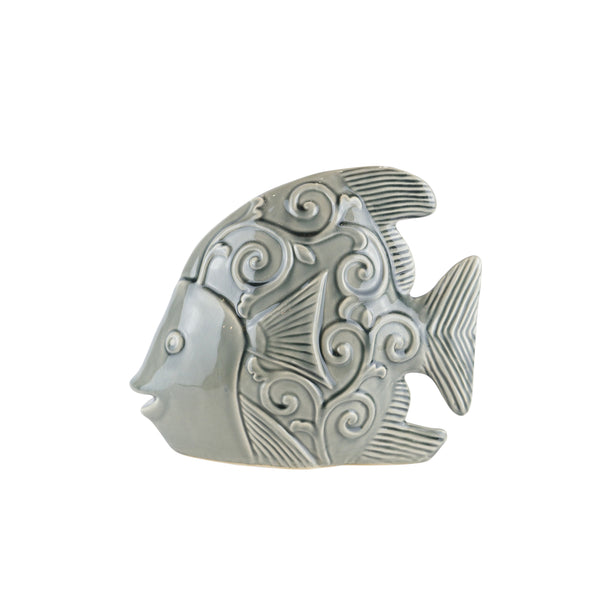 Ceramic Decorative Fish Figurine with Swirl Motifs, Gray