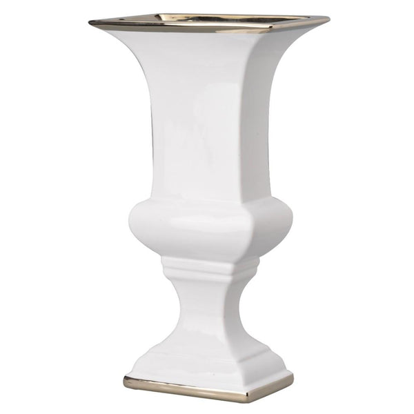 Ceramic Decorative Urn With Rectangular Opening, Large, White & Silver-Home Accent-White & Silver-Ceramic-JadeMoghul Inc.