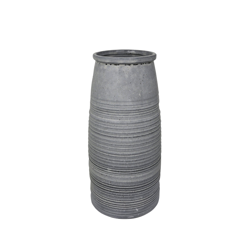 Ceramic Decorative Vase with Horizontal Ribbed Body Design, Large, Gray-Vases-Gray-Ceramic-JadeMoghul Inc.