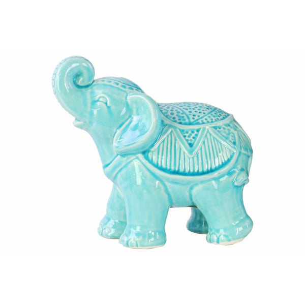 Ceramic Glossy Standing Trumpeting Ceremonial Elephant Figurine, Blue-Home Accent-Blue-Ceramic-JadeMoghul Inc.