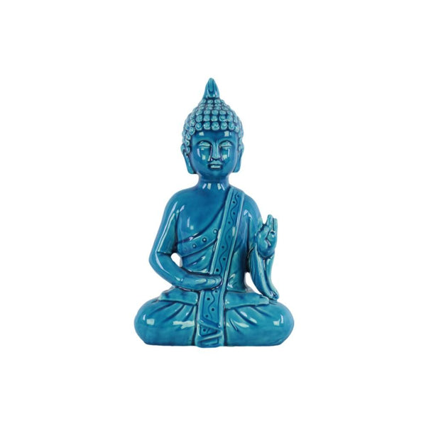 Ceramic Meditating Buddha Figurine with Pointed Ushnisha in Abhaya Mudra, Blue-Home Accent-Blue-Ceramic-JadeMoghul Inc.