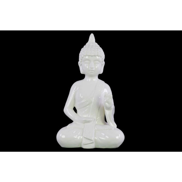Ceramic Meditating Buddha Figurine with Pointed Ushnisha in Abhaya Mudra, White-Home Accent-White-Ceramic-JadeMoghul Inc.