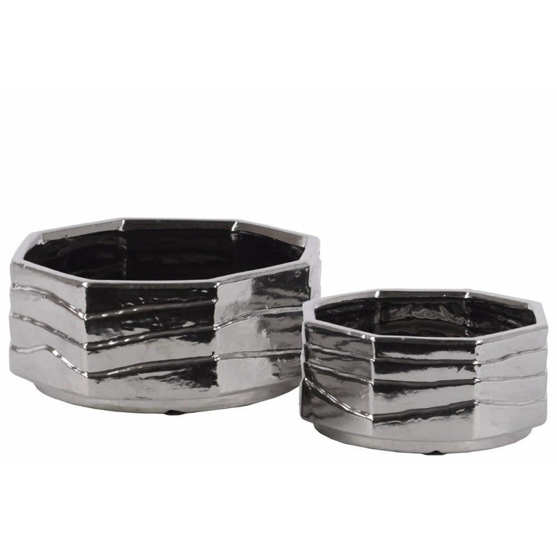 Ceramic Octagonal Pot With Polished Chrome Finish, Set of 2, Silver-Home Accent-Silver-Ceramic-JadeMoghul Inc.