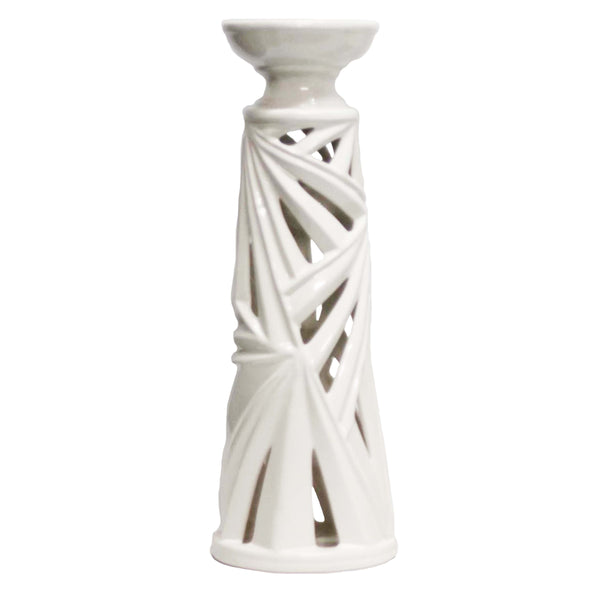 Ceramic Palm Leaf Candle Holder with Hollow Base and Wide Circular Top, Large, White-Candle & Votive Holders-White-Ceramic-JadeMoghul Inc.