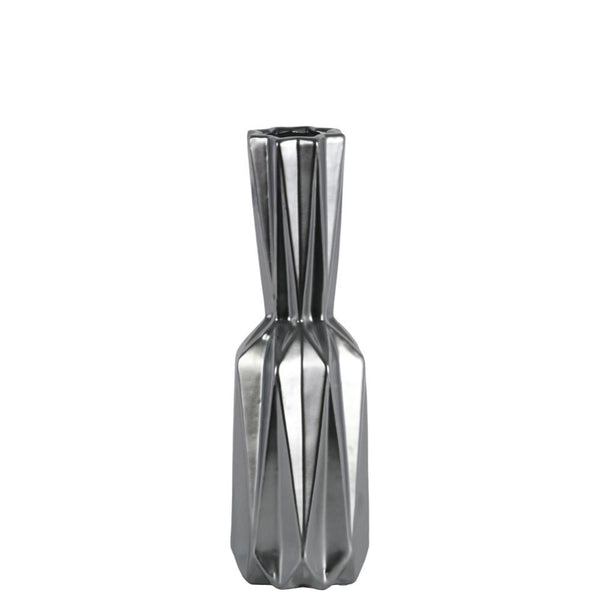 Ceramic Patterned Bottle Vase With 3D Appeal, Medium , Silver-Vases-Silver-Ceramic-Matte Finish-JadeMoghul Inc.