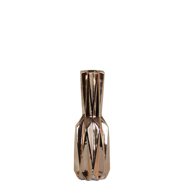 Ceramic Patterned Bottle Vase With Chrome Finish, Small, Rose Gold-Vases-Gold-Ceramic-JadeMoghul Inc.
