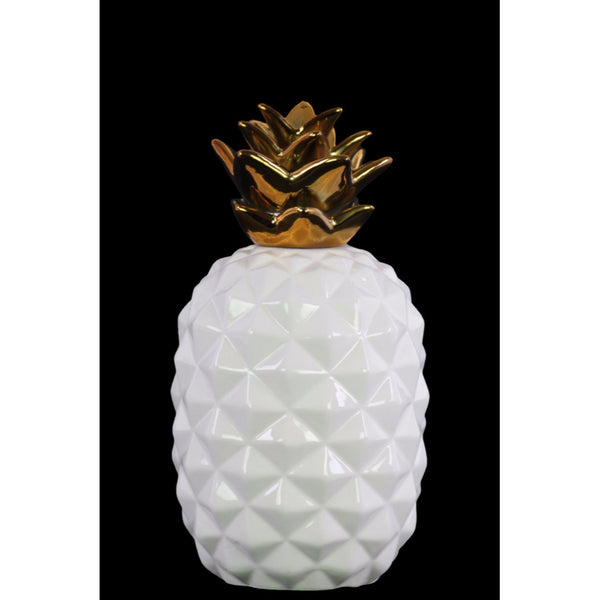 Ceramic Pineapple Figurine with Gold Top- Small- White- Benzara-Decorative Accessories-White & Gold-Ceramic-JadeMoghul Inc.