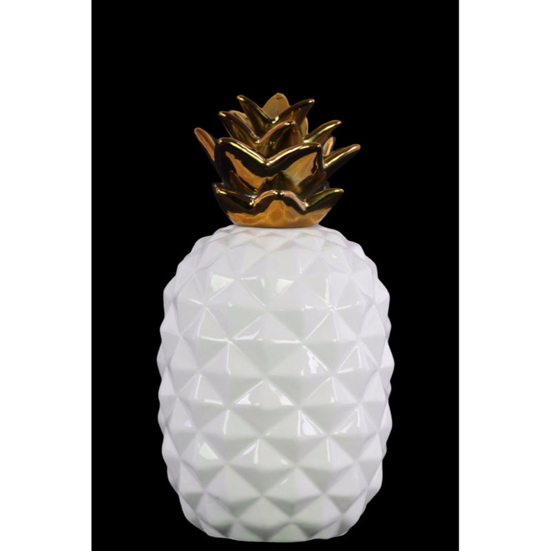 Ceramic Pineapple Figurine with Gold Top- Small- White- Benzara-Decorative Accessories-White & Gold-Ceramic-JadeMoghul Inc.