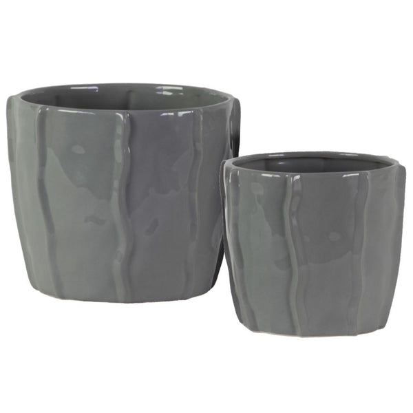 Ceramic Pot With Embedded Wave Design, Glossy Gray, Set of 2-Home Accent-Gray-Ceramic-JadeMoghul Inc.