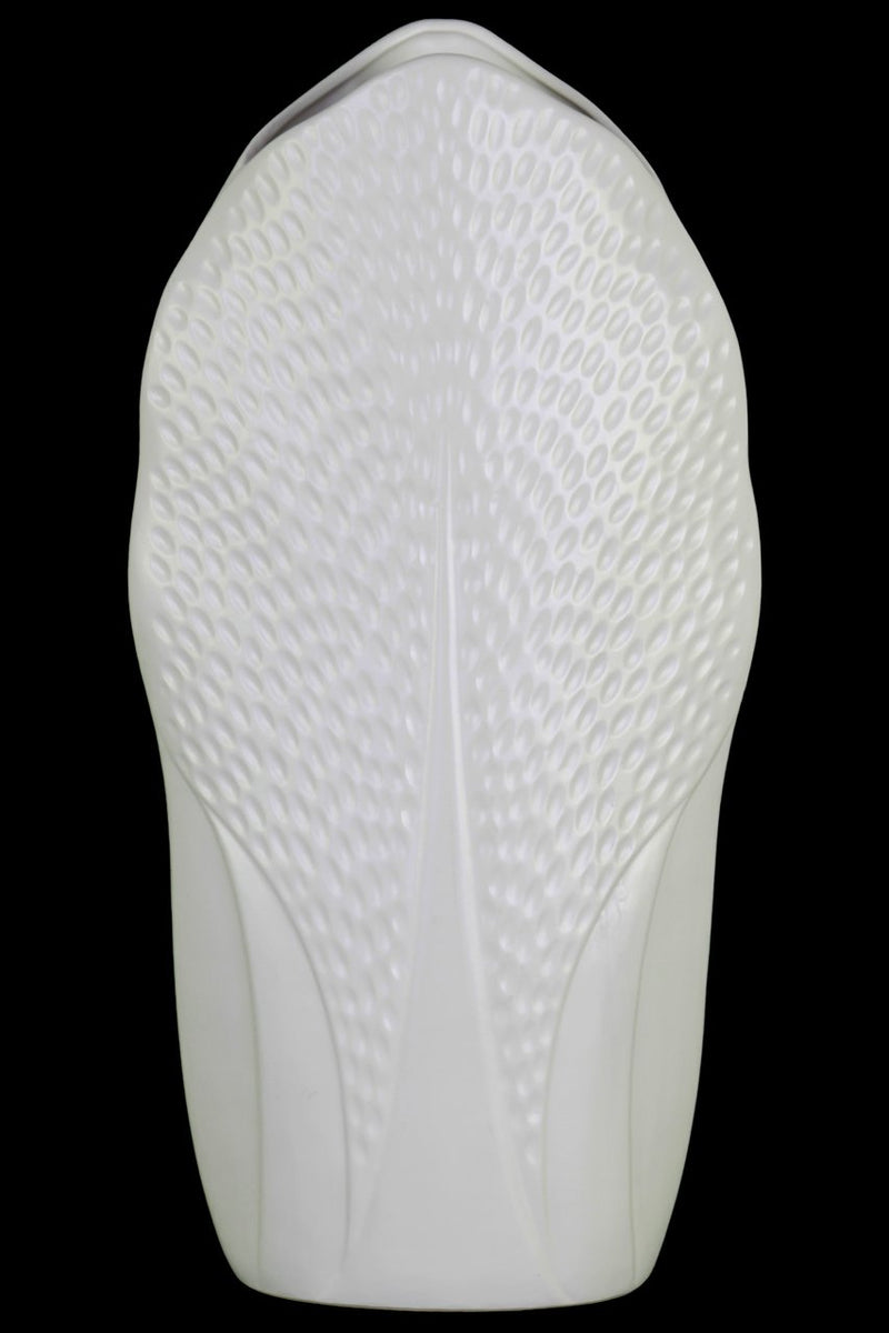 Ceramic Pyramidal Vase With Engraved Circle Design, Large, White-Vases-White-Ceramic-Coated Finish-JadeMoghul Inc.