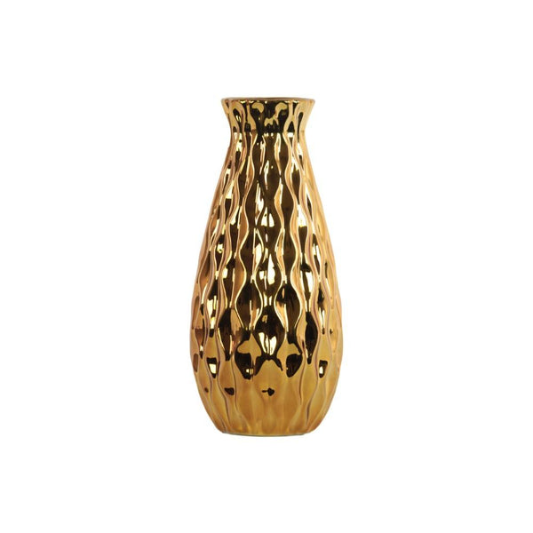 Ceramic Round Bellied Vase with Embossed Wave Design Body, Gold-Vases-Gold-Ceramic-JadeMoghul Inc.
