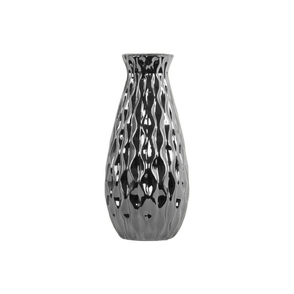 Ceramic Round Bellied Vase with Embossed Wave Design Body, Silver-Vases-Silver-Ceramic-JadeMoghul Inc.