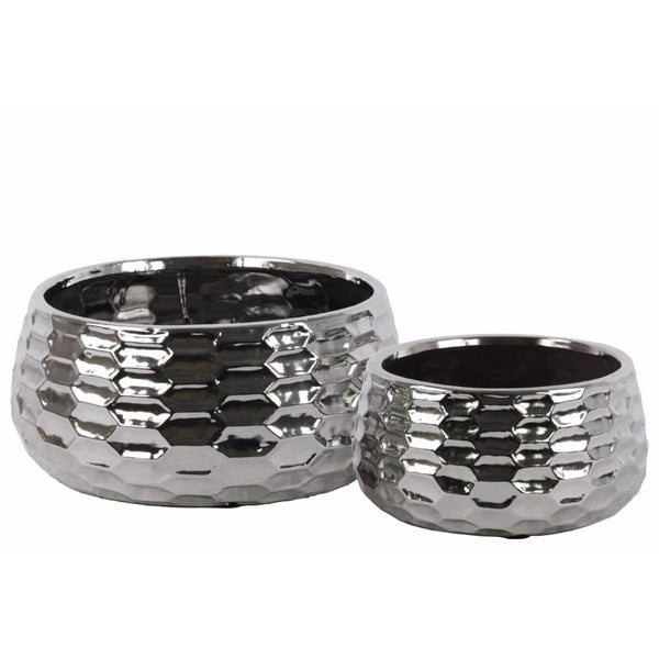 Ceramic Round Bowl-shaped Pot with Honey Comb Design, Set of two, Silver-Home Accent-Silver-Ceramic-JadeMoghul Inc.