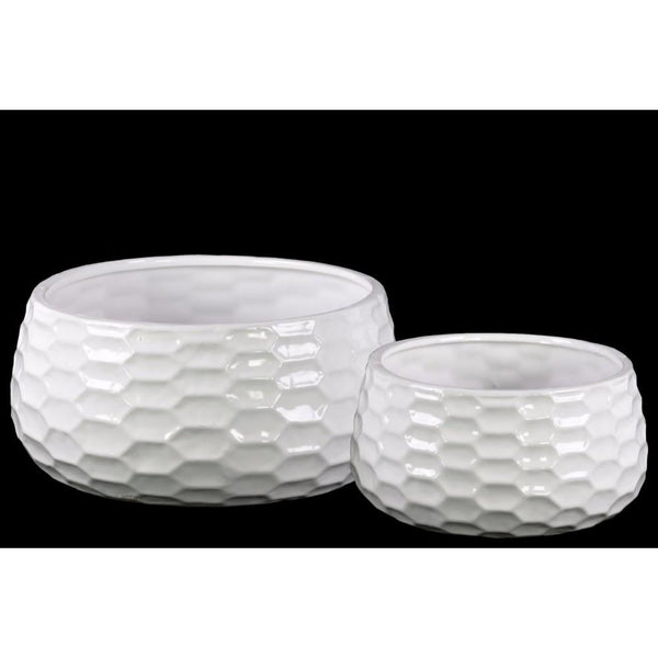 Ceramic Round Bowl-shaped Pot with Honey Comb Design, Set of Two, White-Home Accent-White-Ceramic-JadeMoghul Inc.