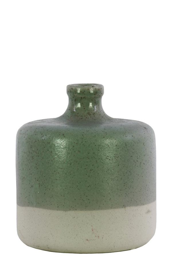 Ceramic Round Narrow Neck White Banded Rim Bottom Vase, Small, Green-Vases-Green and White-Ceramic-Gloss Finish-JadeMoghul Inc.