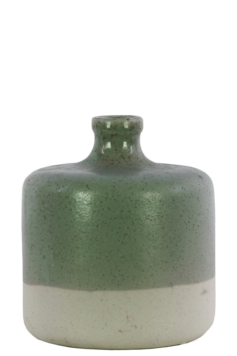 Ceramic Round Narrow Neck White Banded Rim Bottom Vase, Small, Green-Vases-Green and White-Ceramic-Gloss Finish-JadeMoghul Inc.