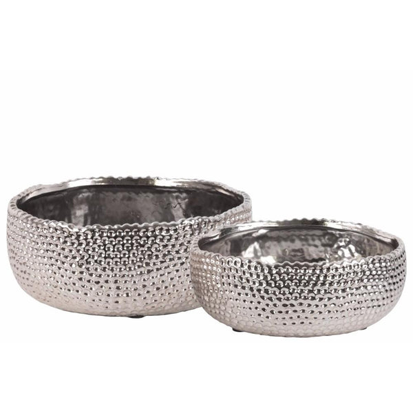Ceramic Round Pot With Uneven Lip and Dimpled Accents, Set of 2, Silver-Home Accent-Silver-Ceramic-JadeMoghul Inc.