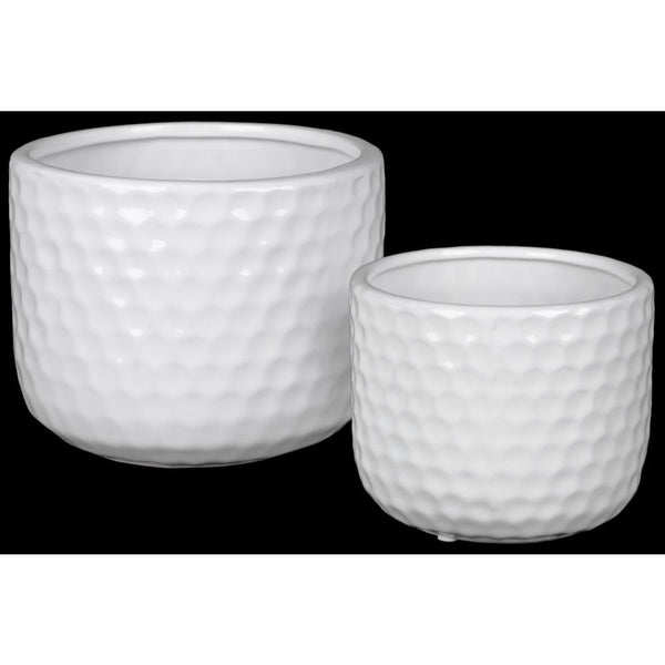 Ceramic Round Vase with Engraved Circle Design Pattern, Set of Two, White-Vases-White-Ceramic-Gloss Finish-JadeMoghul Inc.