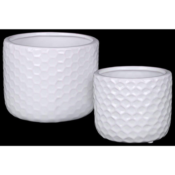 Ceramic Round Vase With Engraved Diamond Pattern, Set Of 2, White-Vases-White-Ceramic-Gloss Finish-JadeMoghul Inc.