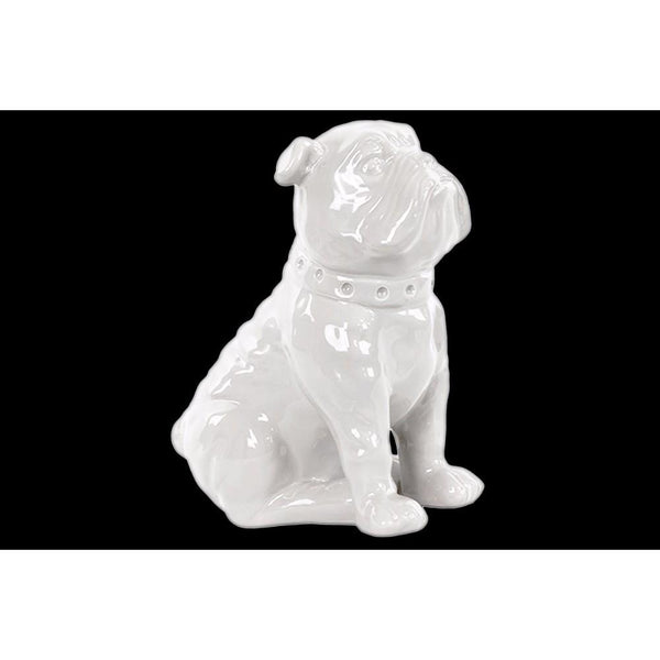 Ceramic Sitting British Bulldog Figurine with Collar, Glossy White-Home Accent-White-Ceramic-JadeMoghul Inc.