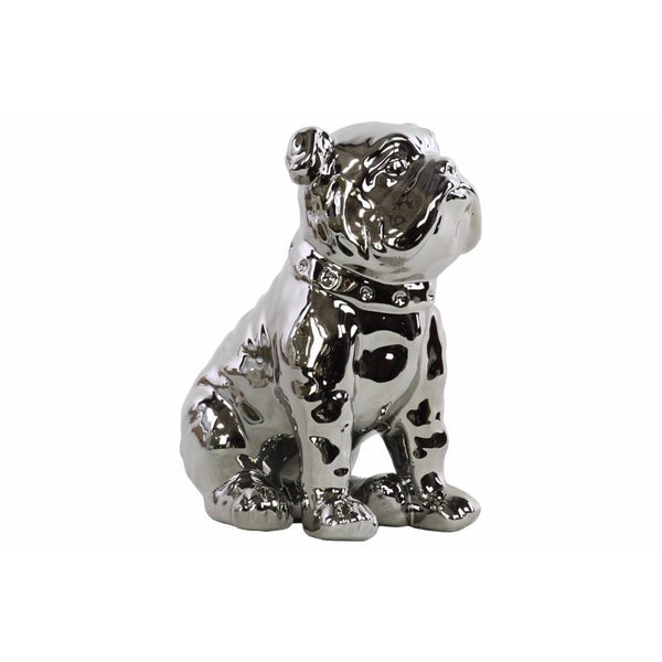 Ceramic Sitting British Bulldog Figurine with Collar, Silver-Home Accent-Silver-Ceramic-JadeMoghul Inc.