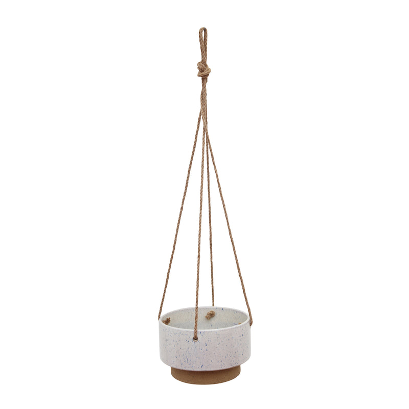 Ceramic Speckled Texture Planter with Attached Hanging Rope, White and Brown