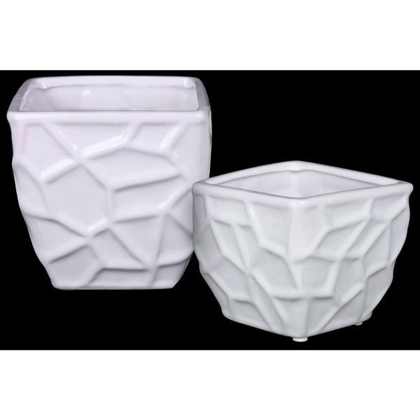 Ceramic Square Vase with Embossed Irregular Design, Set Of 2, White-Vases-White-Ceramic-Gloss Finish-JadeMoghul Inc.