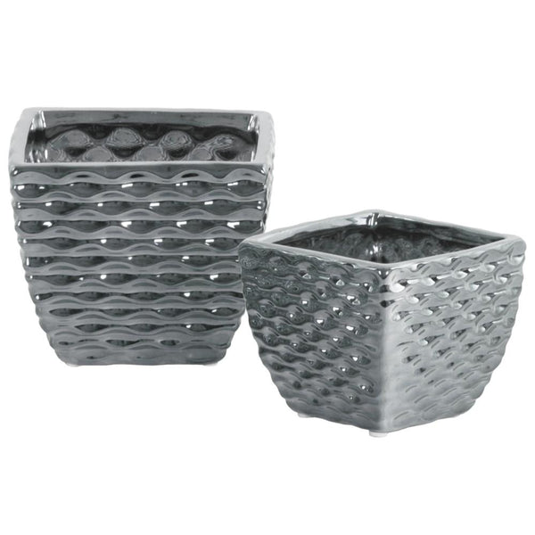 Ceramic Square Vase with Embossed Wave Pattern, Set Of 2, Silver-Vases-Silver-Ceramic-JadeMoghul Inc.