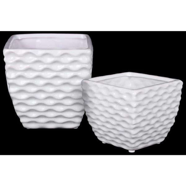 Ceramic Square Vase with Embossed Wave Pattern, Set Of 2, White-Vases-White-Ceramic-Gloss Finish-JadeMoghul Inc.