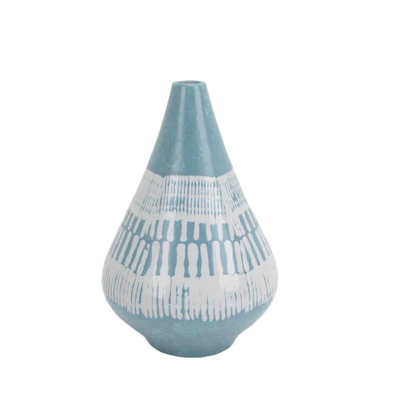 Ceramic Table Vase with Tribal Print Pattern and Elongated Neck, Small, Blue and White-Vases-Blue and White-Ceramic-JadeMoghul Inc.