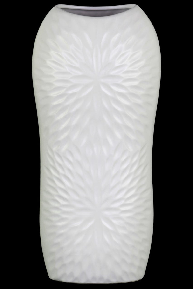 Ceramic Tall Engraved Leaf Design Half-Circle Vase, Large, White-Vases-White-Ceramic-Coated Finish-JadeMoghul Inc.