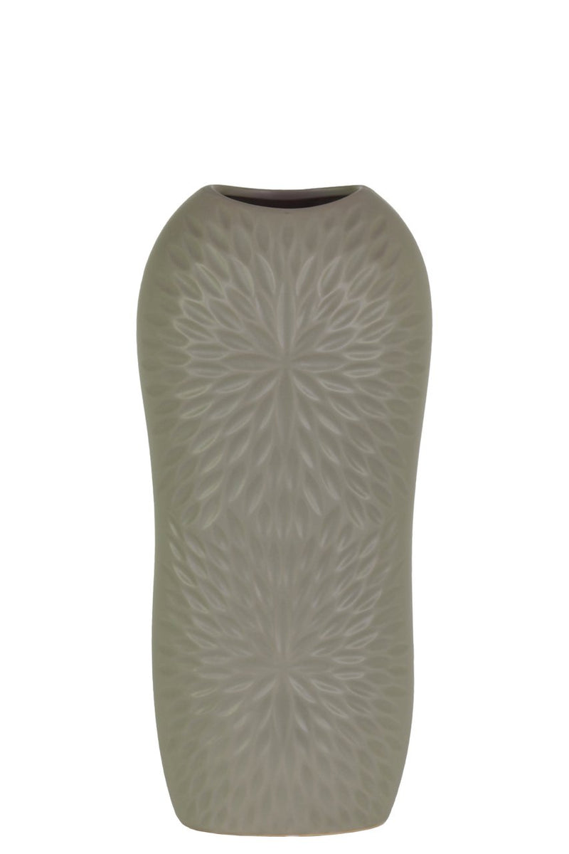 Ceramic Tall Engraved Leaf Design Half-Circle Vase, Small, Gray-Vases-Gray-Ceramic-Coated Finish-JadeMoghul Inc.