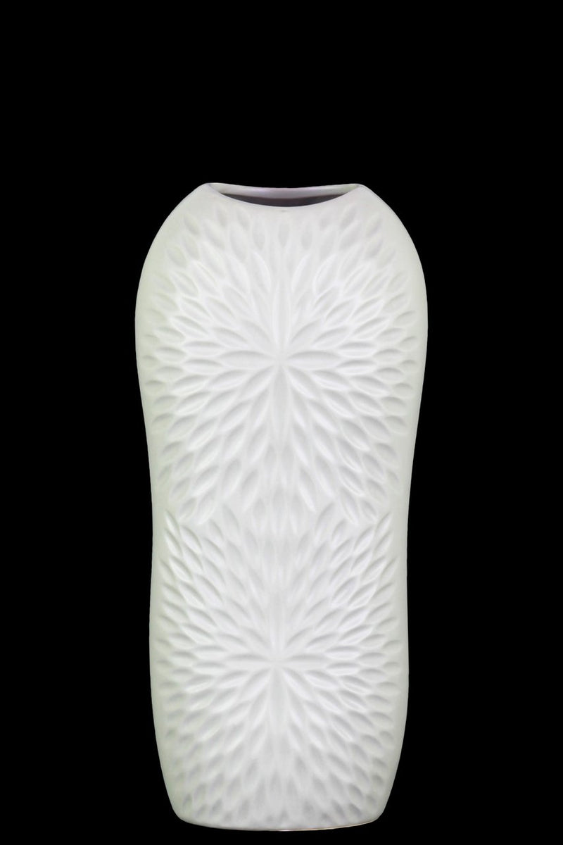 Ceramic Tall Engraved Leaf Design Half-Circle Vase, Small, White-Vases-White-Ceramic-Coated Finish-JadeMoghul Inc.