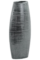 Ceramic Tall Ribbed Bellied Oval Vase With Tapered Botttom, Distressed Silver Finish-Vases-Silver-Ceramic-Distressed Finish-JadeMoghul Inc.