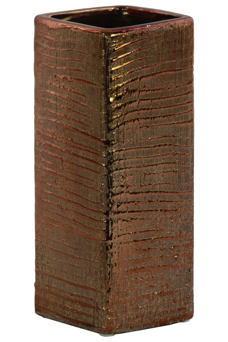 Ceramic Tall Square Ribbed Design Vase In Distressed Copper Finish-Vases-Brown-Ceramic-Distressed Finish-JadeMoghul Inc.