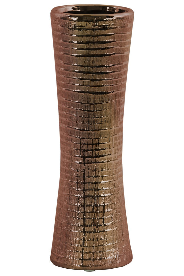 Ceramic Trumpet Mouth And Flared Bottom Ribbed Vase, Distressed Copper Finish-Vases-Brown-Ceramic-Distressed Finish-JadeMoghul Inc.