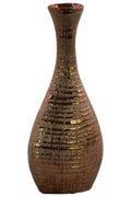 Ceramic Trumpet Mouth Bellied Oval Long Neck Vase In Ribbed Distressed Copper Finish-Vases-Brown-Ceramic-Distressed Finish-JadeMoghul Inc.