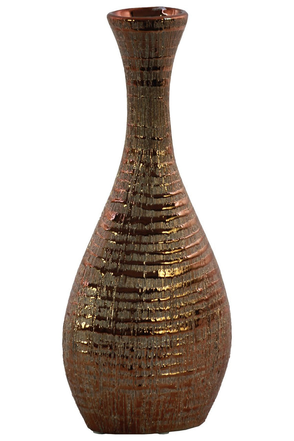 Ceramic Trumpet Mouth Bellied Oval Long Neck Vase In Ribbed Distressed Copper Finish-Vases-Brown-Ceramic-Distressed Finish-JadeMoghul Inc.