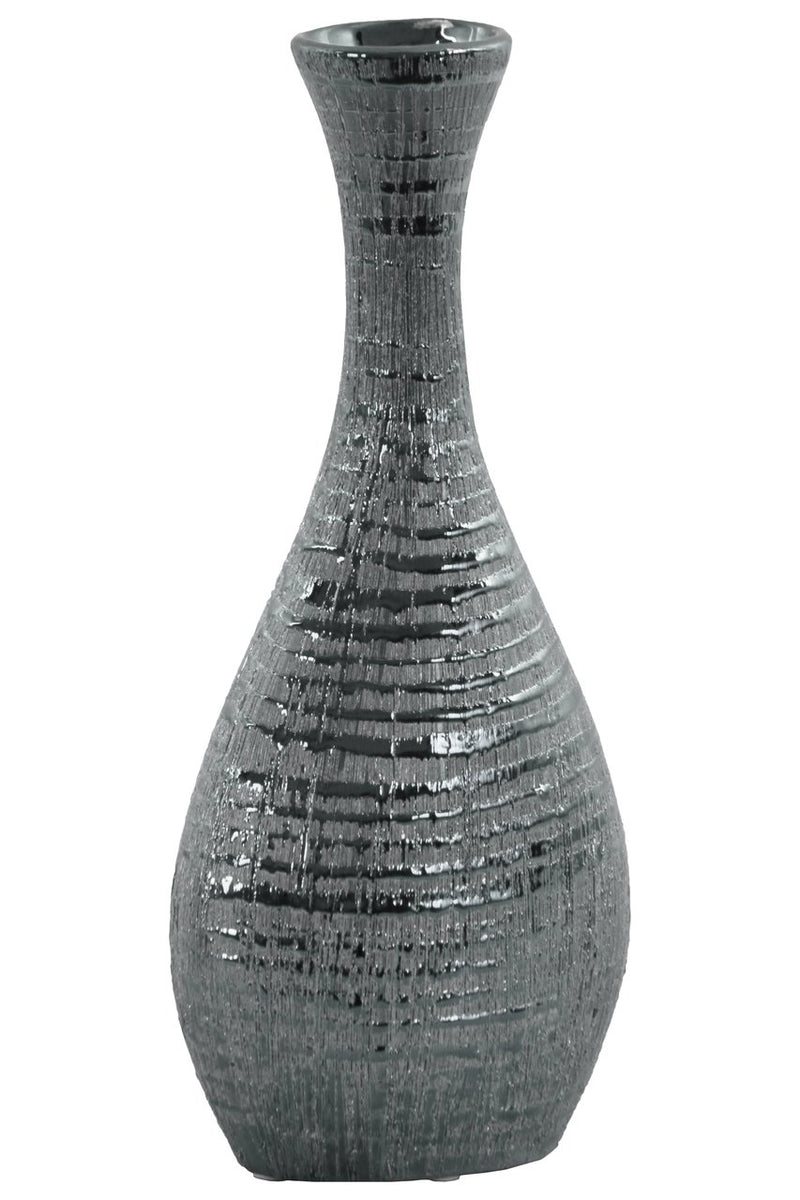 Ceramic Trumpet Mouth Bellied Oval Long Neck Vase In Ribbed Distressed Silver Finish-Vases-Silver-Ceramic-Distressed Finish-JadeMoghul Inc.