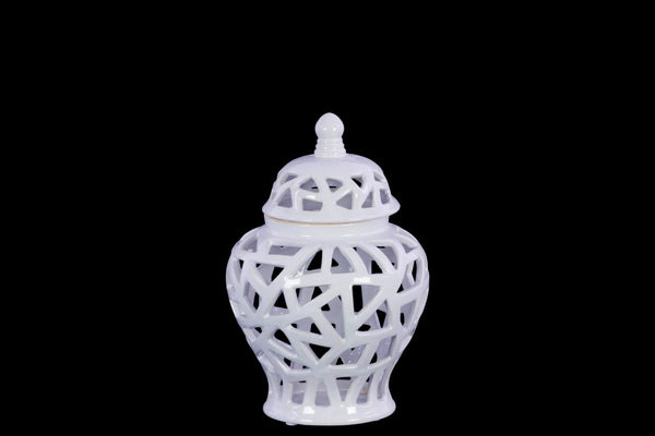 Ceramic Urn Vase With Triangular Cutout Design, Small, White-Vases-White-Ceramic-JadeMoghul Inc.