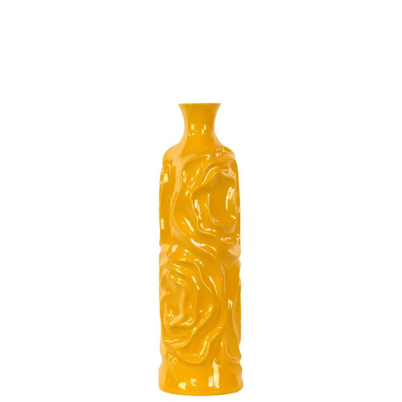 Ceramic Vase With Wrinkled Sides, Medium, Yellow-Vases-Yellow-Ceramic-Gloss Finish-JadeMoghul Inc.