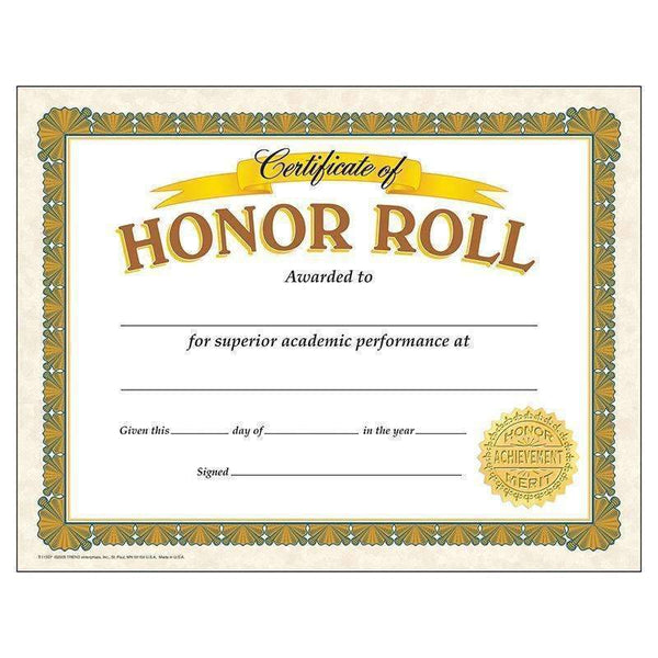 CERTIFICATE OF HONOR ROLL 30/PK-Learning Materials-JadeMoghul Inc.