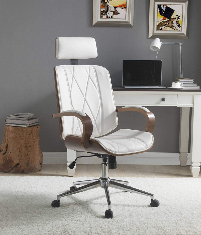 Chairs Ergonomic Office Chair - 24" X 26" X 46-49" White Leatherette And Walnut Office Chair HomeRoots